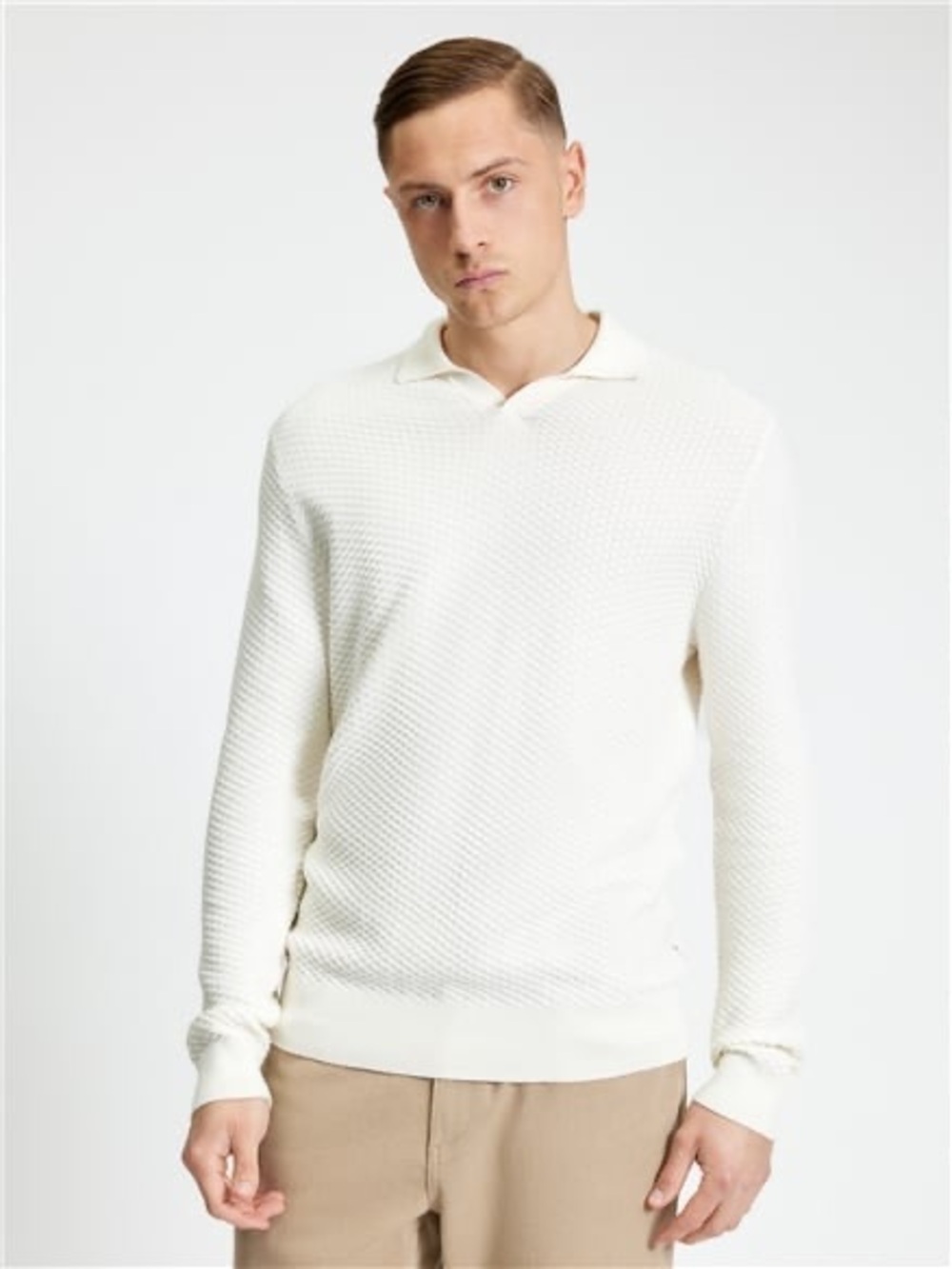 Ben Sherman Relaxed Fit Long Sleeve Textured Open Neck Knitted Polo in Ivory